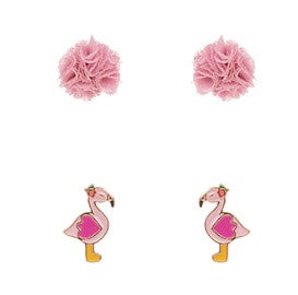 Flamingo and  Linen PomPom Earring Set