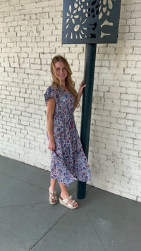 Floral Print V Neck Maxi Ruffle Dress