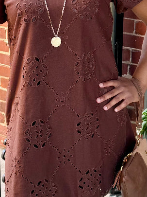 Whispering Eyelet Mini Dress in Chocolate