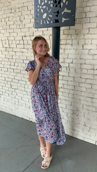 Floral Print V Neck Maxi Ruffle Dress