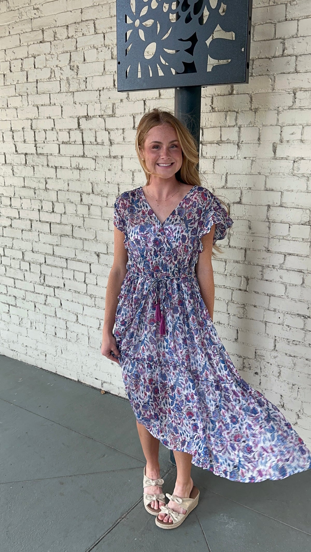 Floral Print V Neck Maxi Ruffle Dress