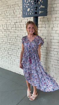 Floral Print V Neck Maxi Ruffle Dress