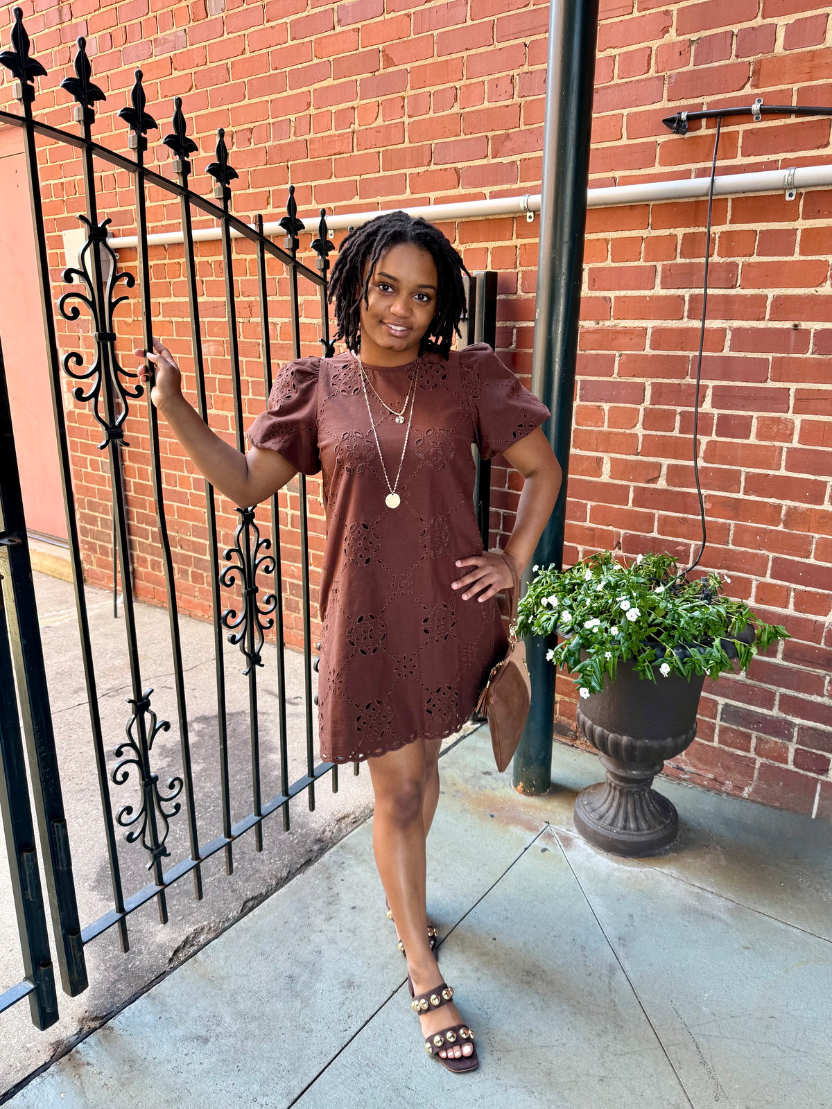 Whispering Eyelet Mini Dress in Chocolate